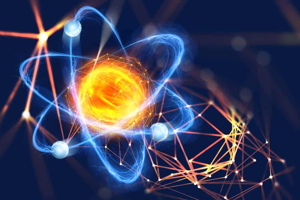 A digitally illustrated atom structure depicting the proton, neutron, and electron.