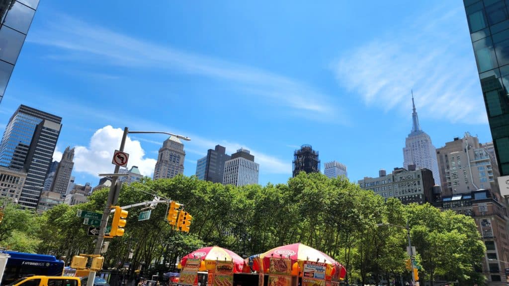 The New York City skyline above a forest of trees next to a busy intersection.