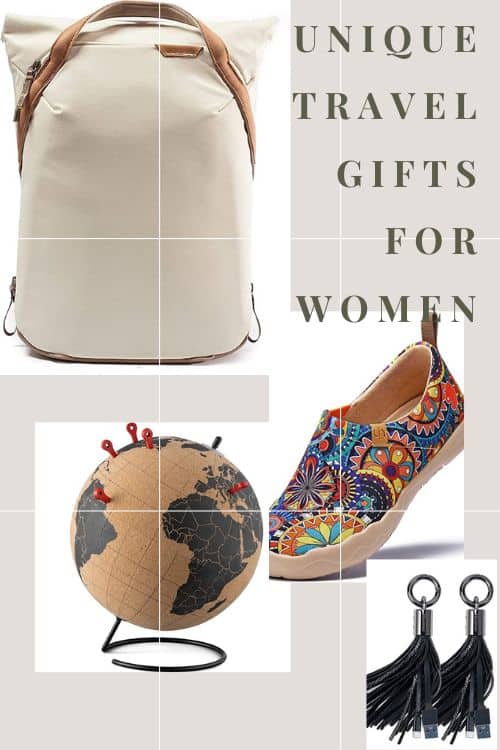 Collage of unique travel gifts for women.