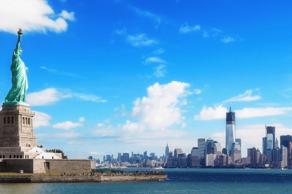 The Statue of Liberty and NYC skyline.