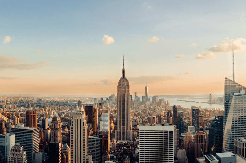 The New York City skyline during the day.