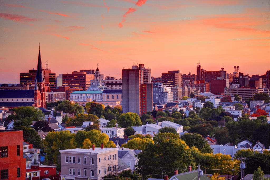 A city skyline at sunset