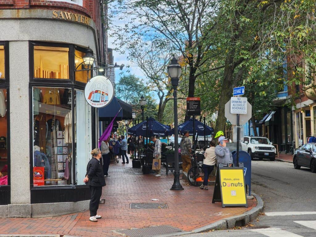 A busy downtown district lined with shops.