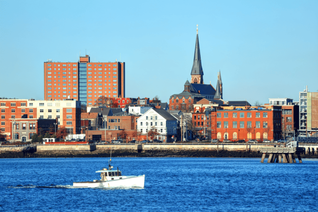 A harbor next to a historic coastal town.