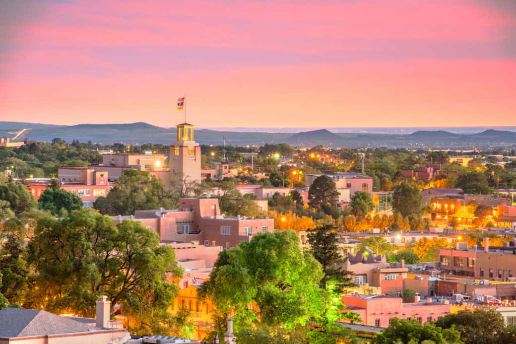 City view of Sante Fe New Mexico during sunset.