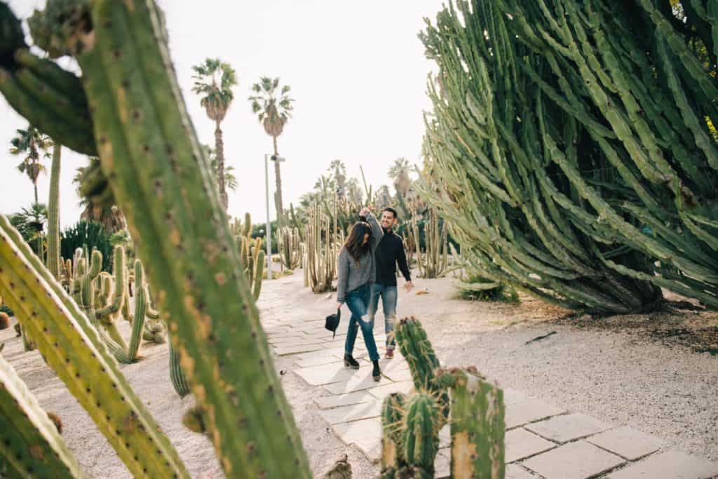 A couple walks down a pathway and there is cacti on either side.