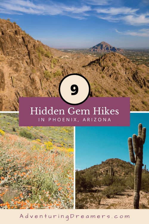 A collage of desert nature imagery with a text overlay that says, "9 Hidden gem hikes in Phoenix, Arizona. Adventuringdreamers.com"