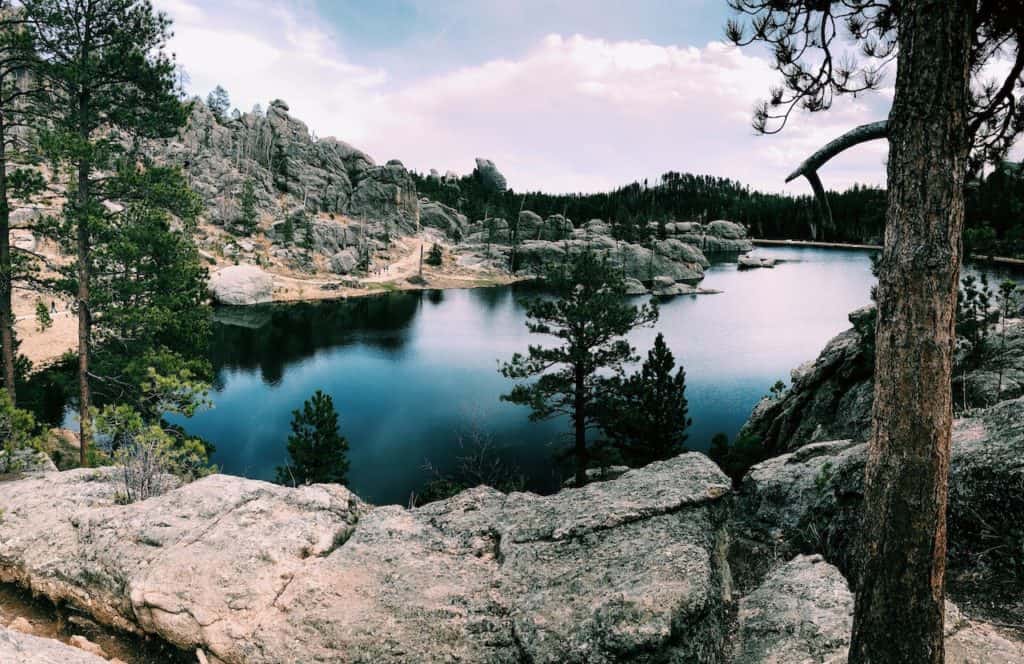 A lake on a rocky mountain