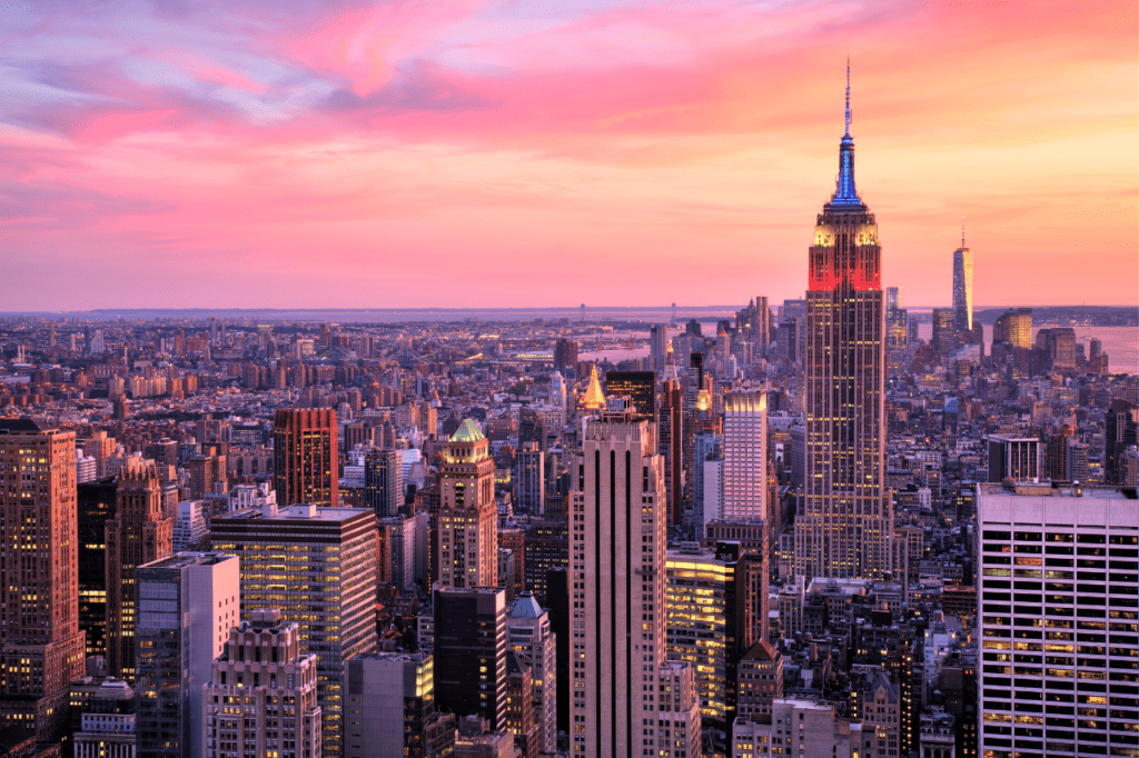 A city skyline at sunset.