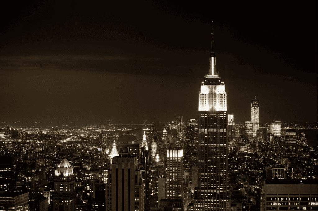 A city skyline at night.