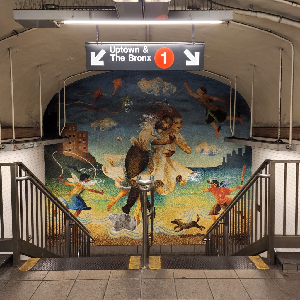 A tile mural on a subway wall depicting a man dancing with a woman.