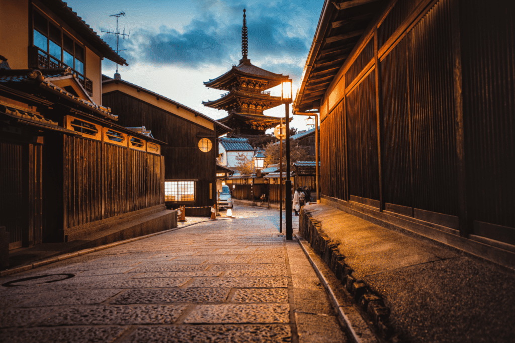 Village streets leading to a Japanese temple.