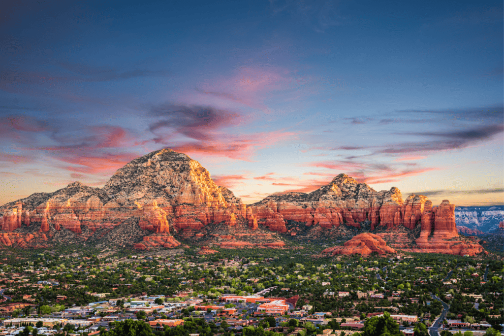 Red rock mountains at sunset.