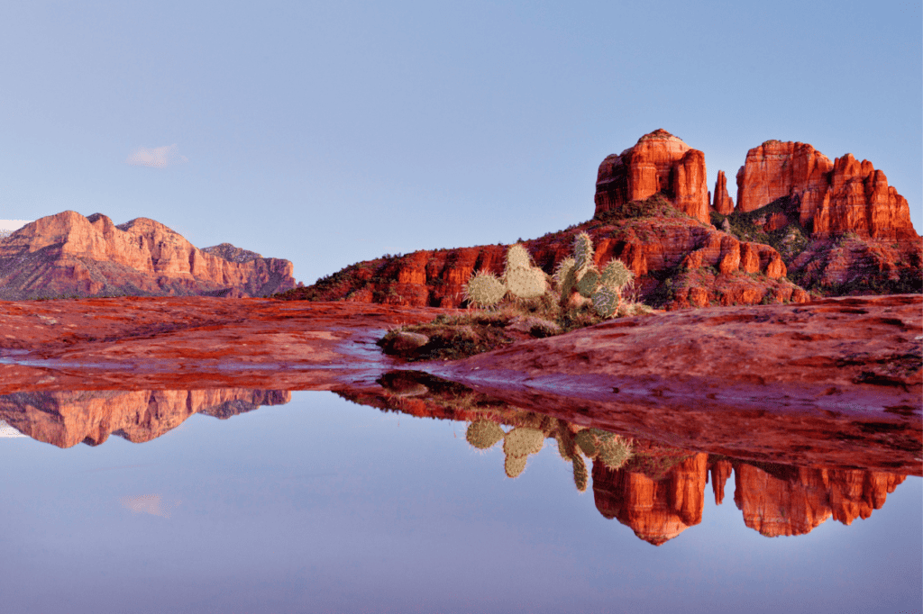 Red rocks of the desert are reflected in a pool of water.